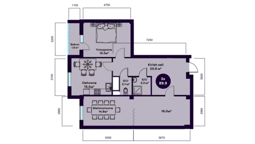 3-xonali xonadon 89.9 m²  4/12 qavat | TUMOR Turar-joy majmuasi