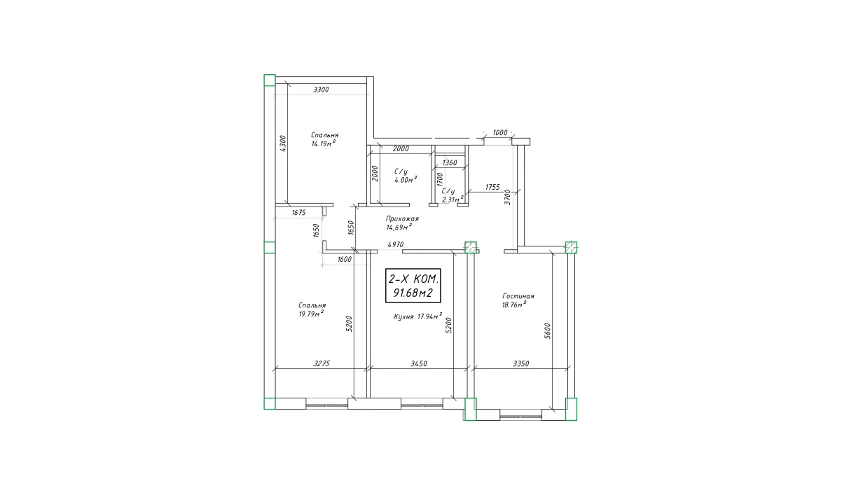 2-комнатная квартира 91.68 м²  4/4 этаж | Жилой комплекс SABZAVOT CITY
