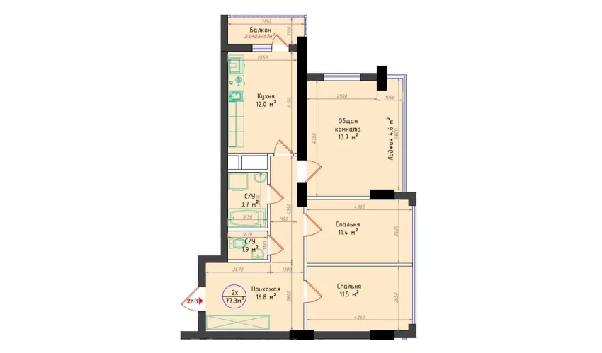 3-комнатная квартира 77.3 м²  24/25 этаж | Жилой комплекс Brilliant City