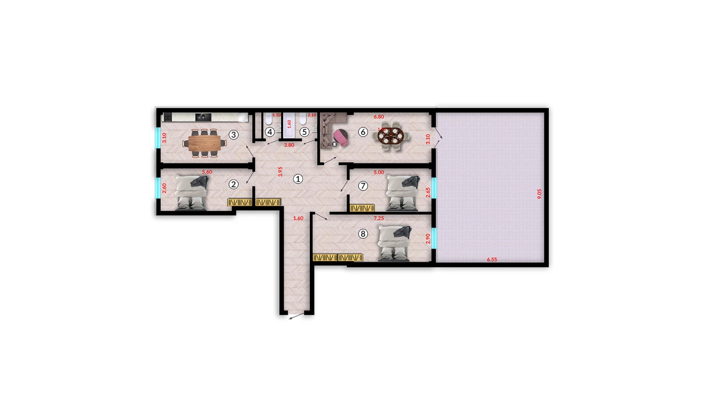 4-xonali xonadon 128.1 m²  3/10 qavat | Ko'kcha-Oqtepa Turar-joy majmuasi