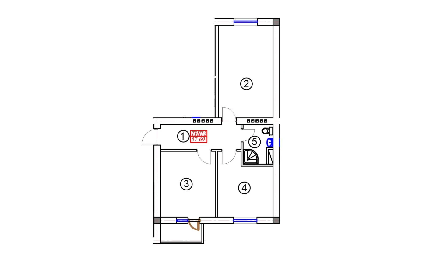 2-xonali xonadon 57.69 m²  4/5 qavat | BATOSH Turar-joy majmuasi