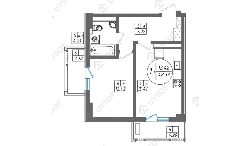 1-xonali xonadon 42.33 m²  2/11 qavat | SUN Turar-joy majmuasi