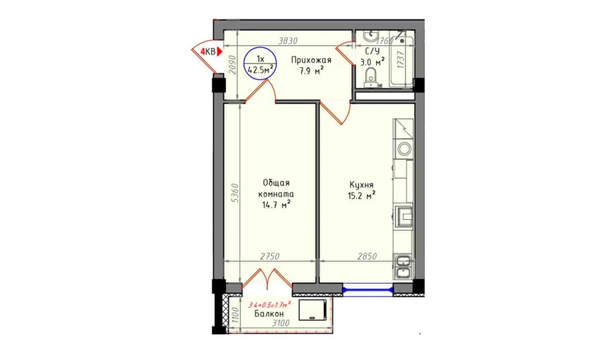 1-комнатная квартира 42.5 м²  2/12 этаж | Жилой комплекс Zamin Jizzax