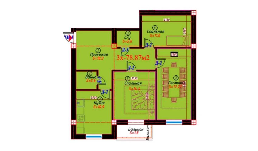 2-xonali xonadon 78.87 m²  4/6 qavat | Sohil bo'yi Turar-joy majmuasi