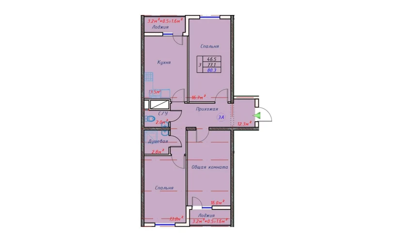 3-xonali xonadon 80.3 m²  15/16 qavat | TRINITY Turar-joy majmuasi