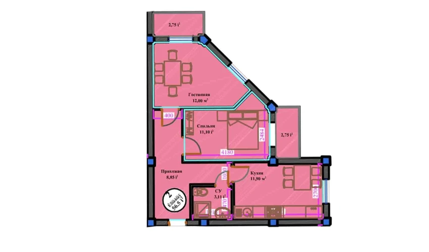 2-xonali xonadon 56.5 m²  5/11 qavat | ANHOR AVENUE Turar-joy majmuasi