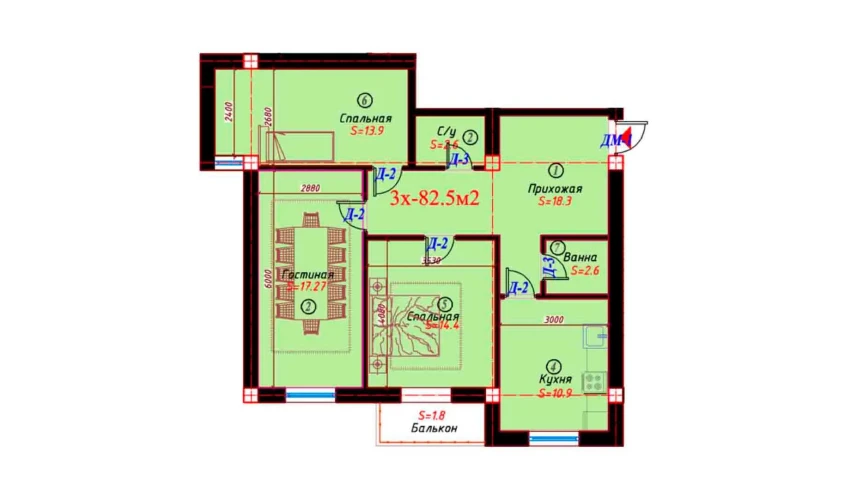 3-xonali xonadon 82.5 m²  4/6 qavat | Sohil bo'yi Turar-joy majmuasi