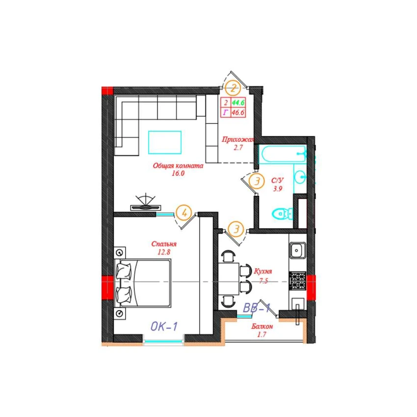 2-комн. квартира 46.6 м²  6/12 этаж | Жилой комплекс CHINARA PARK