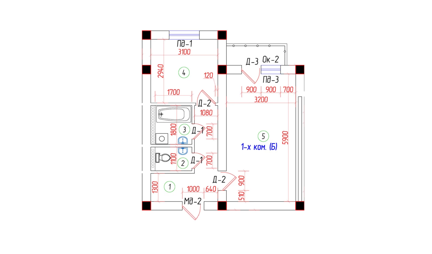 1-xonali xonadon 40.34 m²  5/7 qavat | Oila TJM Turar-joy majmuasi