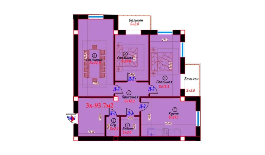 3-комнатная квартира 93.7 м²  4/6 этаж | Жилой комплекс Sohil bo'yi
