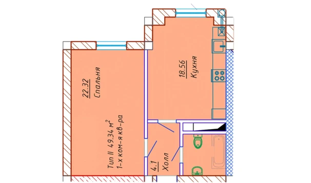 1-комнатная квартира 49.34 м²  8/10 этаж | Жилой комплекс Samarqand Park Avenue