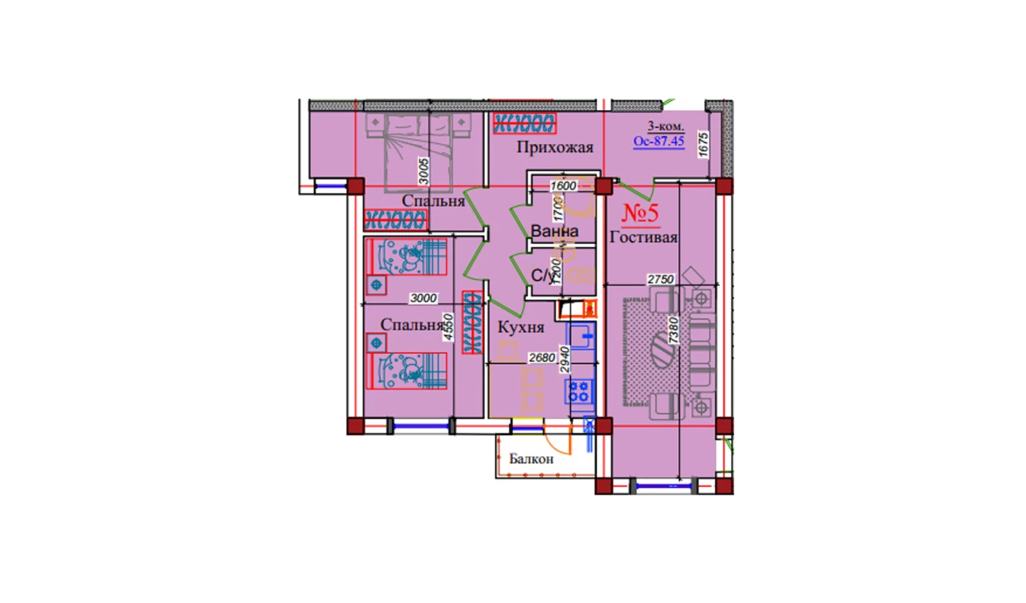3-xonali xonadon 87.45 m²  5/9 qavat | ZAR ZAMONAVIY UYLAR Turar-joy majmuasi