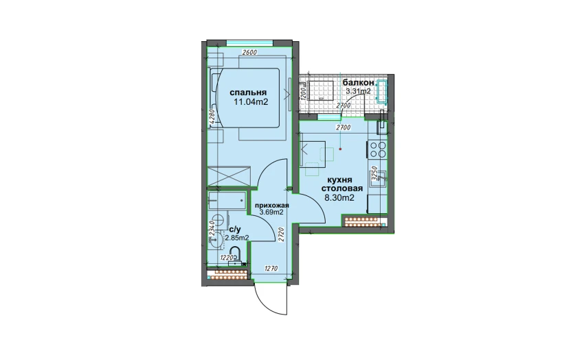 1-комнатная квартира 27.54 м²  15/16 этаж | Жилой комплекс BASHKENT