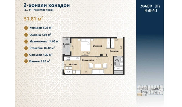 2-комнатная квартира 51.81 м²  10/12 этаж | Жилой комплекс Zangota City 1 -ETAP