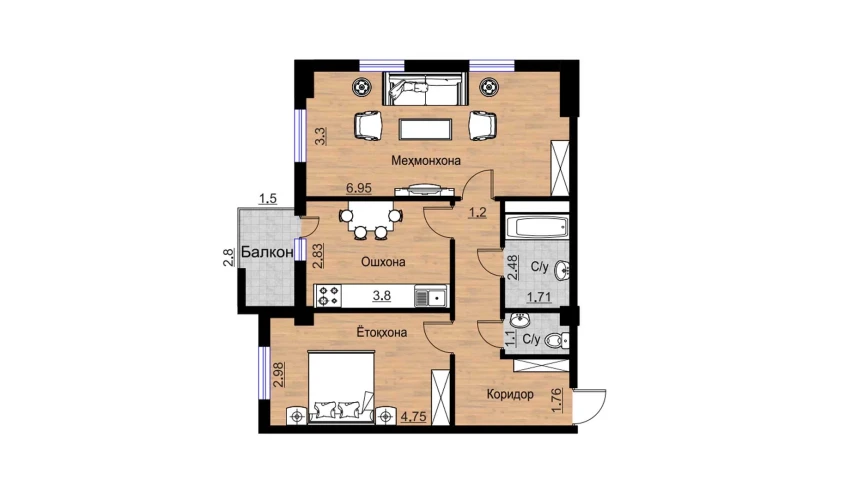 2-комнатная квартира 74.75 м²  16/16 этаж | Жилой комплекс BRILLIANT