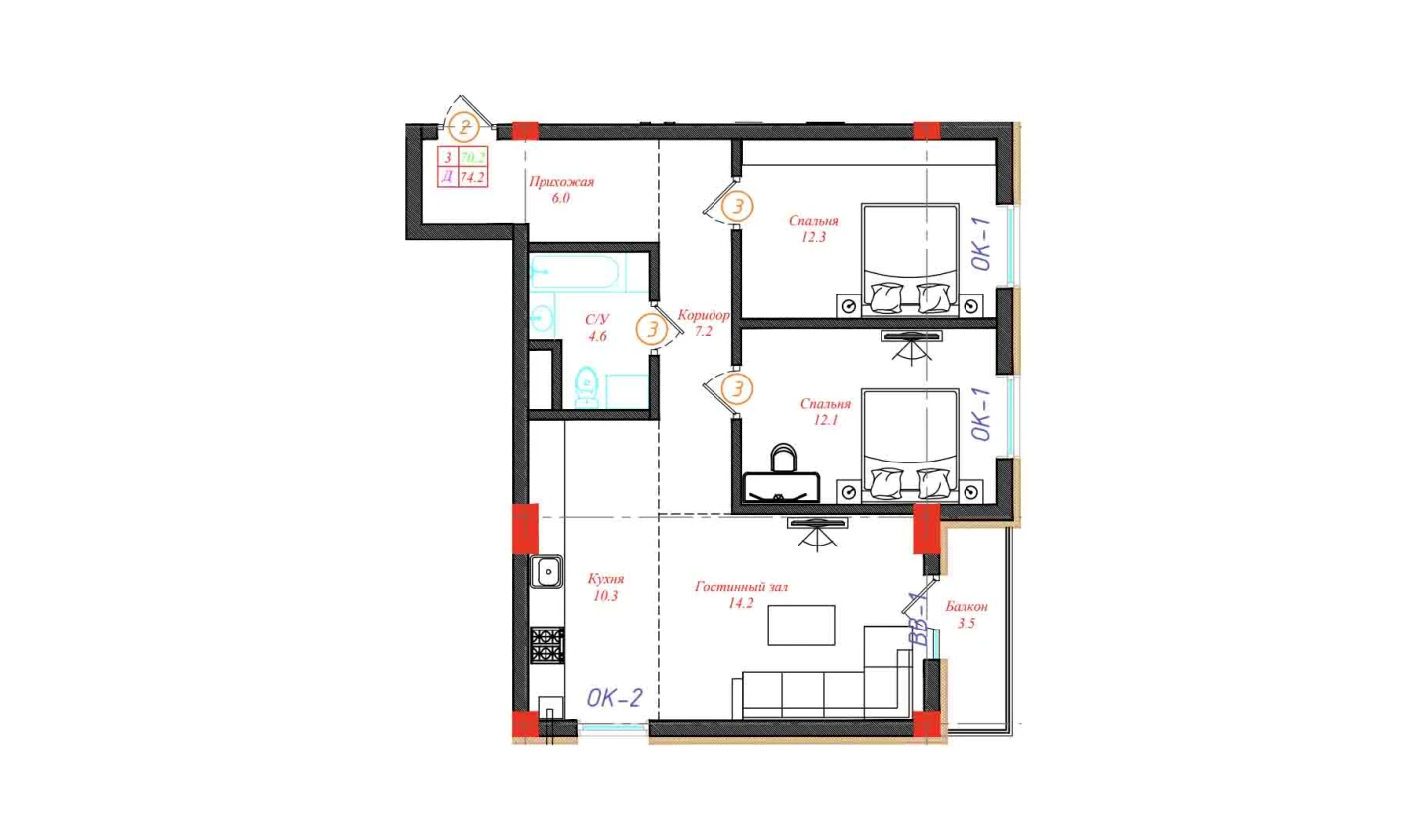 3-xonali xonadon 74.2 m²  2/12 qavat | CHINARA PARK Turar-joy majmuasi