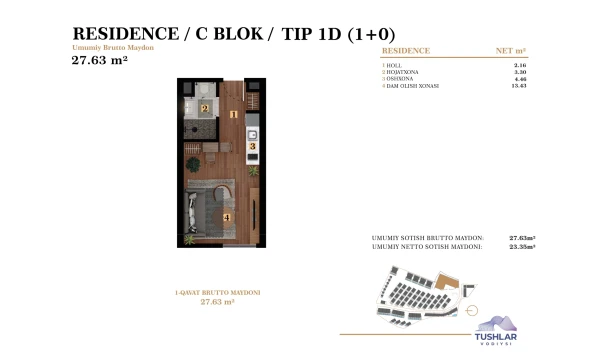 1-xonali xonadon 23.35 m²  2/7 qavat | TUSHLAR VODIYSI Turar-joy majmuasi