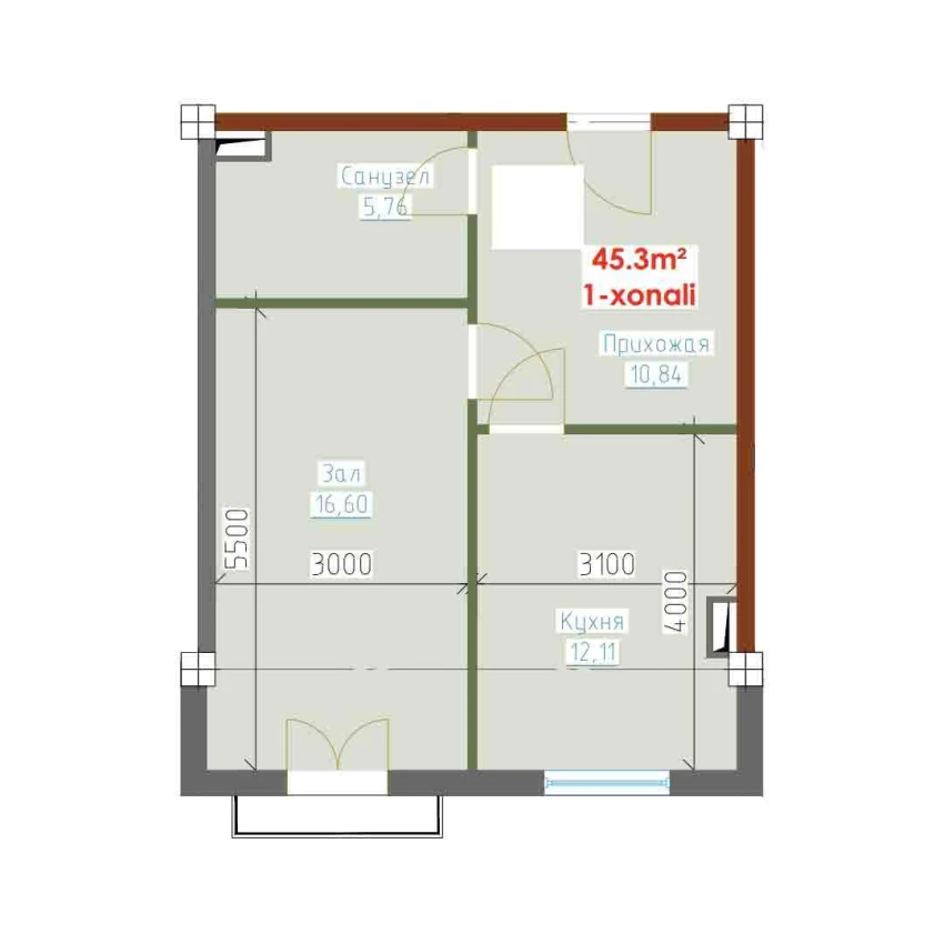 1-комн. квартира 45.3 м²  3/9 этаж | Жилой комплекс YANGI AVLOD