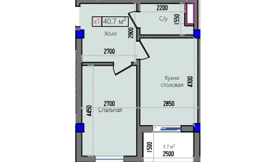 1-комнатная квартира 40.7 м²  6/7 этаж | Жилой комплекс Do'rmon Saroyi