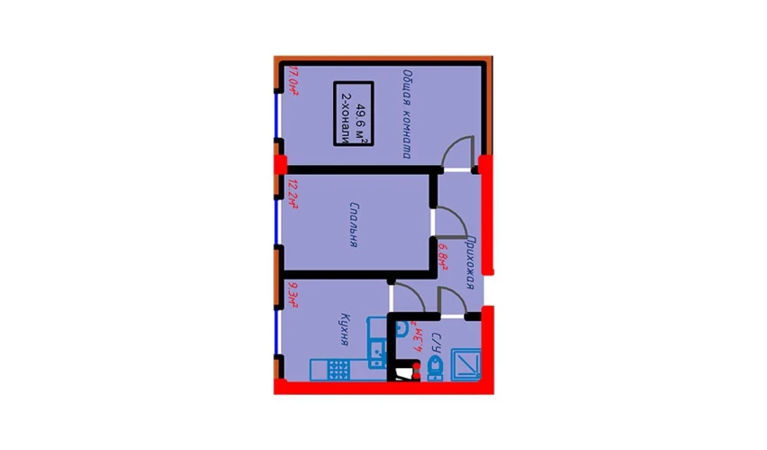 2-xonali xonadon 54.7 m²  9/10 qavat | Turon Turar-joy majmuasi