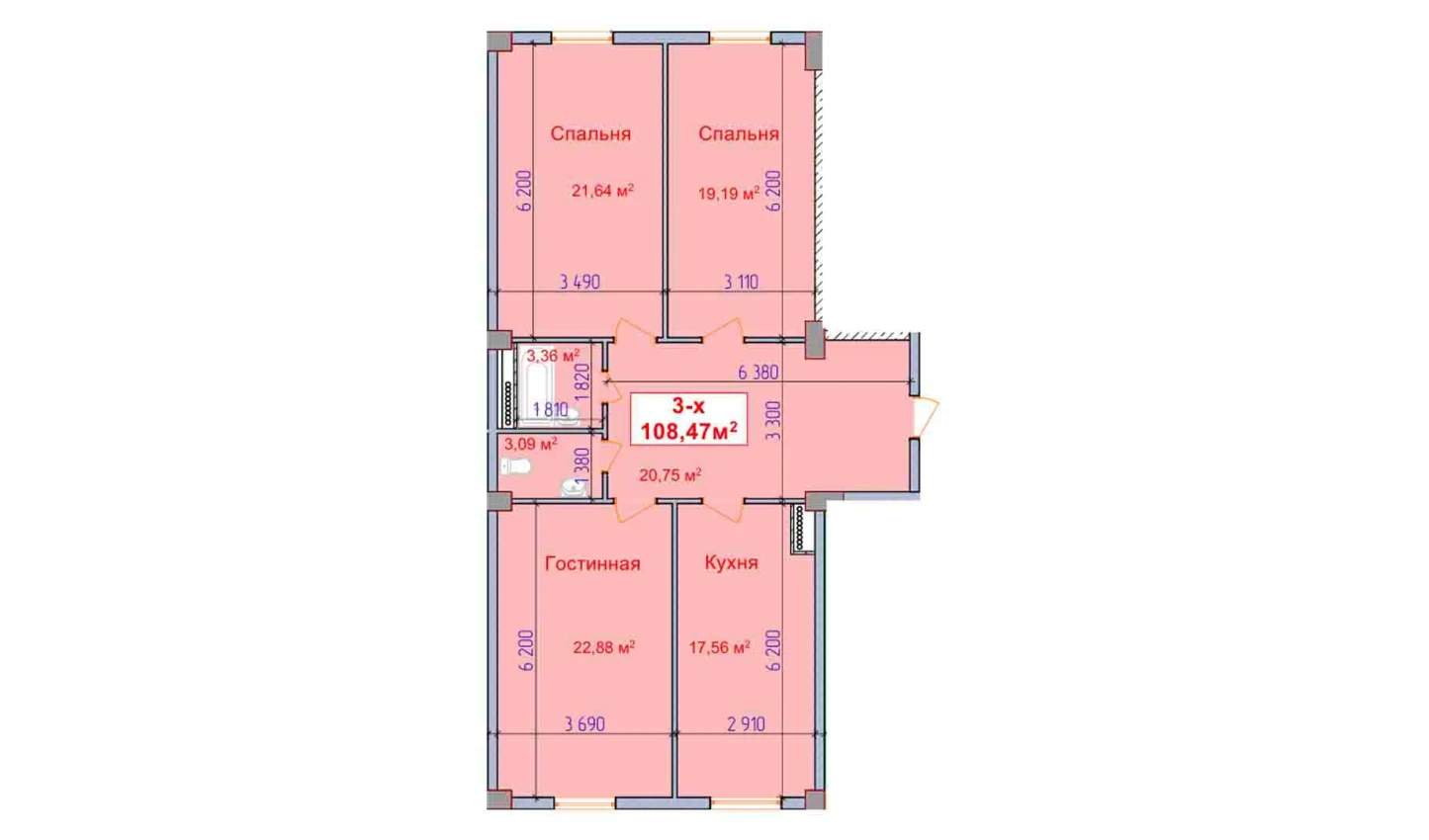 3-комн. квартира 108.47 м²  1/9 этаж | Жилой комплекс SHAYX-UL OLAM