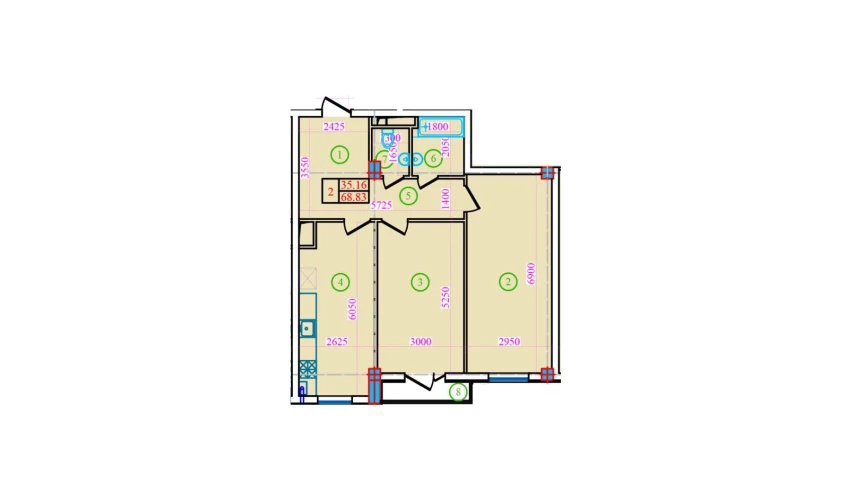 2-xonali xonadon 68.83 m²  6/9 qavat | Bog’zor Turar-joy majmuasi