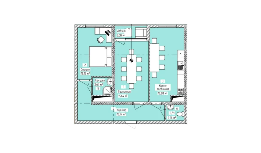 3-xonali xonadon 68.71 m²  13/16 qavat | ELITE ECO CITY Turar-joy majmuasi