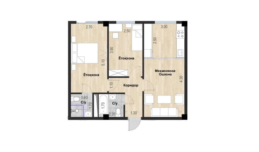 3-комнатная квартира 55.55 м²  1/7 этаж | Жилой комплекс Bochka Resort