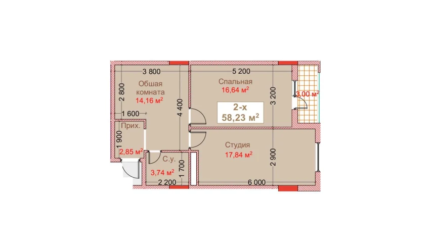 2-комнатная квартира 58.23 м²  3/8 этаж | Жилой комплекс CAPITAL AVENUE