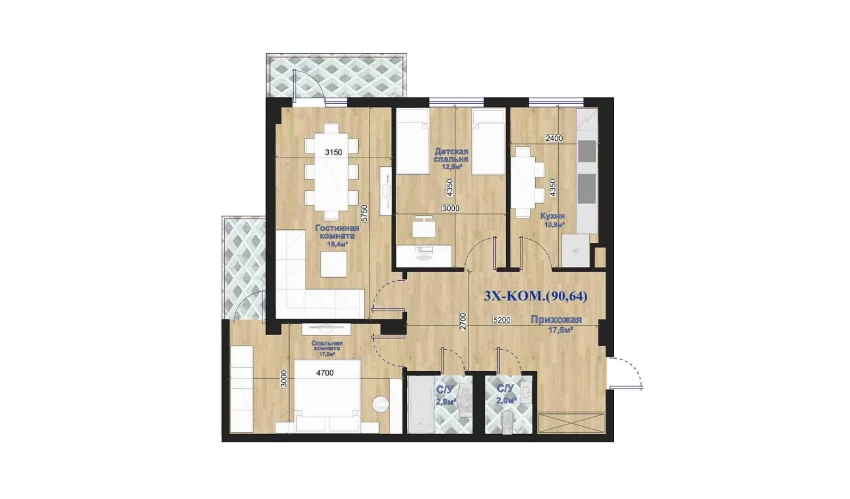 3-xonali xonadon 90.64 m²  2/7 qavat | O'ZBEGIM Turar-joy majmuasi