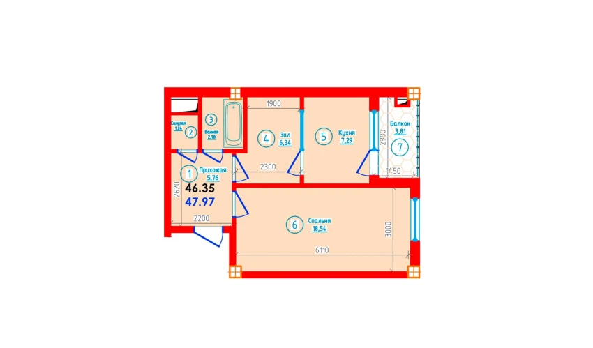 2-комнатная квартира 47.97 м²  11/12 этаж | Жилой комплекс S-Tower