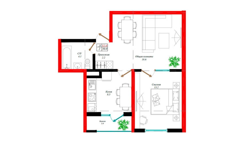 2-комнатная квартира 50 м²  8/12 этаж | Жилой комплекс Aman Residence