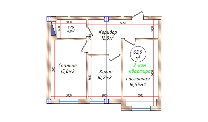 2-xonali xonadon 62.9 m²  2/5 qavat | Oq mahalla Turar-joy majmuasi