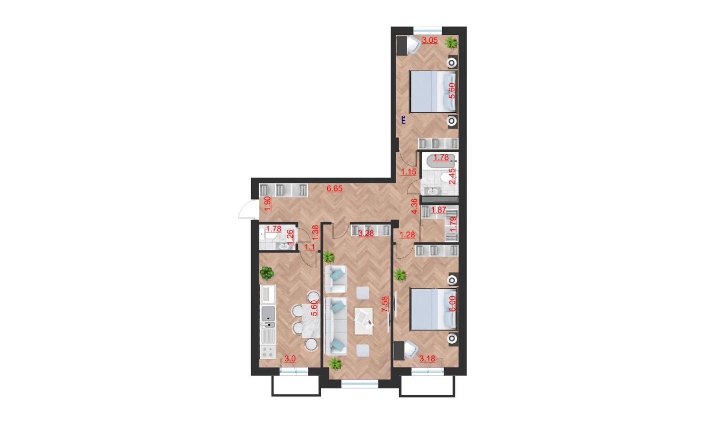 3-xonali xonadon 111.53 m²  5/10 qavat | Ko'kcha-Oqtepa Turar-joy majmuasi