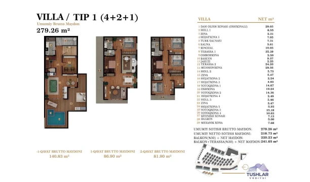 7-комнатная квартира 241.65 м²  1/1 этаж | Жилой комплекс TUSHLAR VODIYSI