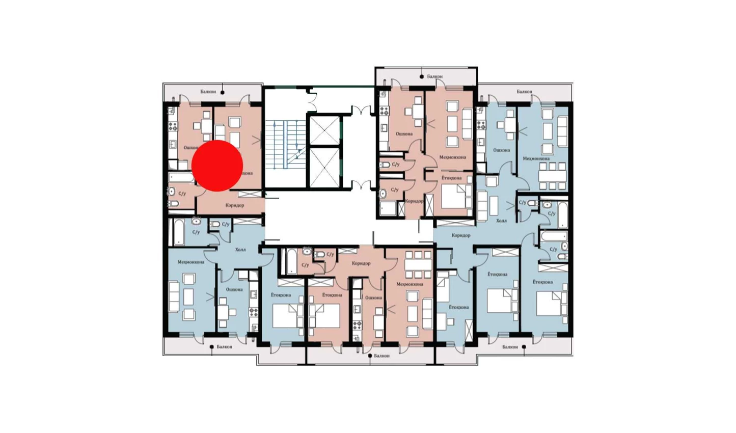 1-xonali xonadon 40.96 m²  2/16 qavat | SOKIN DIYOR Turar-joy majmuasi