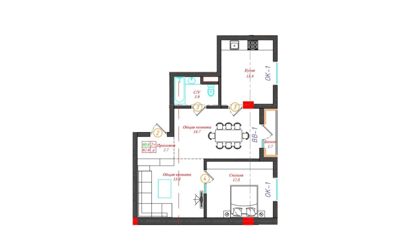 2-xonali xonadon 62.6 m²  4/12 qavat | CHINARA PARK Turar-joy majmuasi