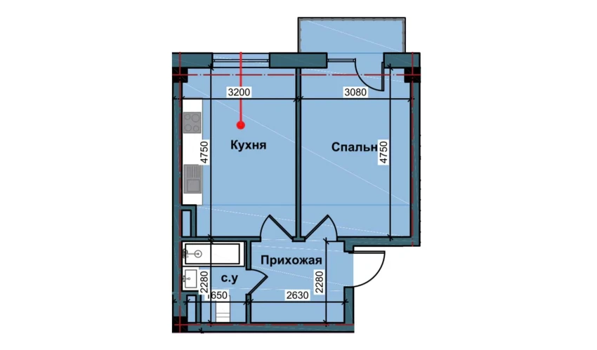 1-комнатная квартира 43.3 м²  3/9 этаж | Жилой комплекс NUR BARAKA