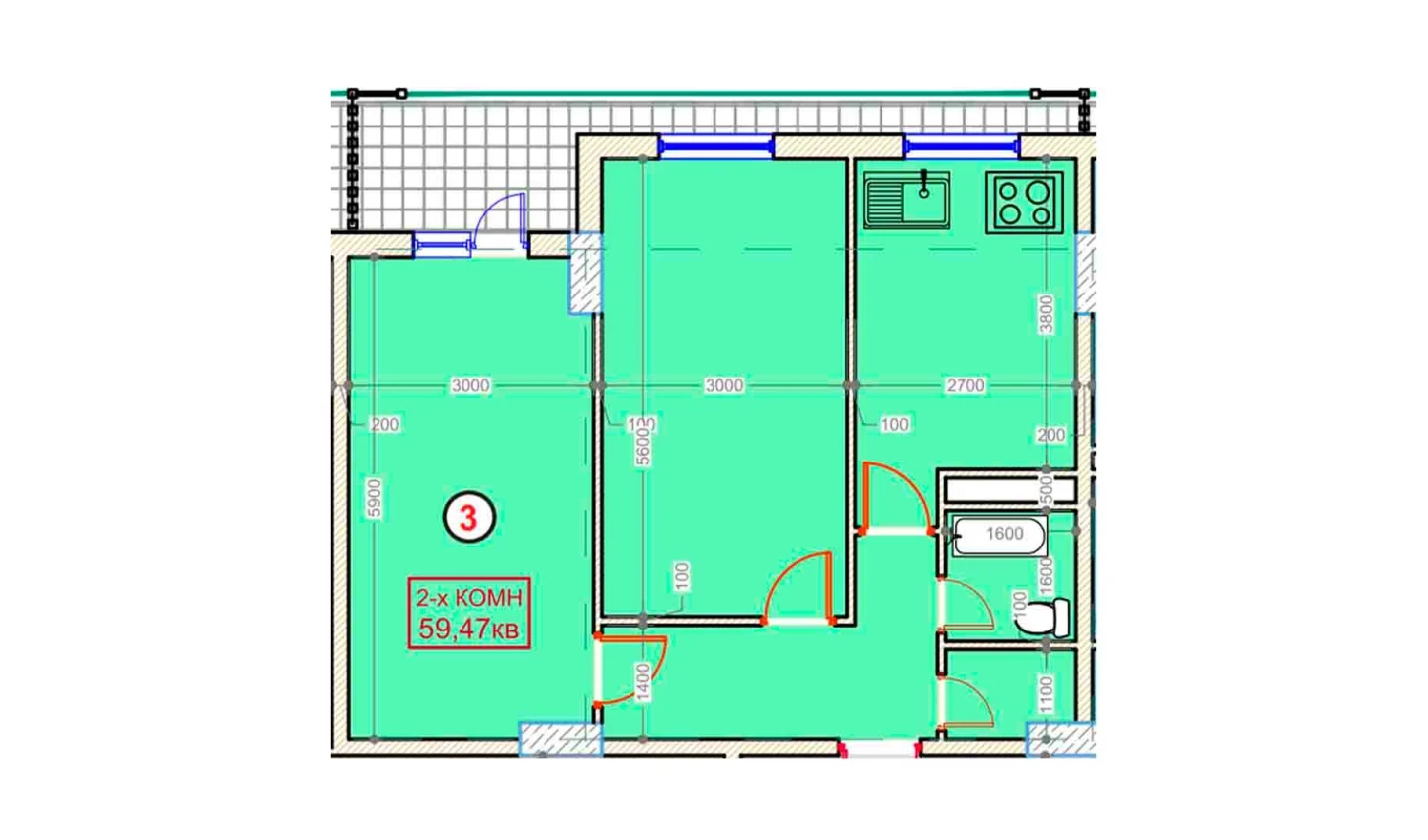 2-xonali xonadon 59.47 m²  2/9 qavat | XUMO Turar-joy majmuasi