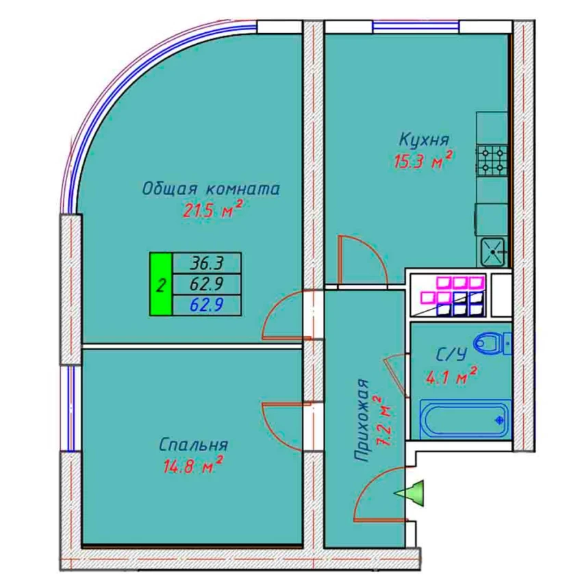 2-xonali xonadon 62.9 m²  19/30 qavat | ECO TOWER Turar-joy majmuasi