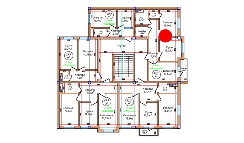 2-xonali xonadon 62.2 m²  2/5 qavat | Oq mahalla Turar-joy majmuasi