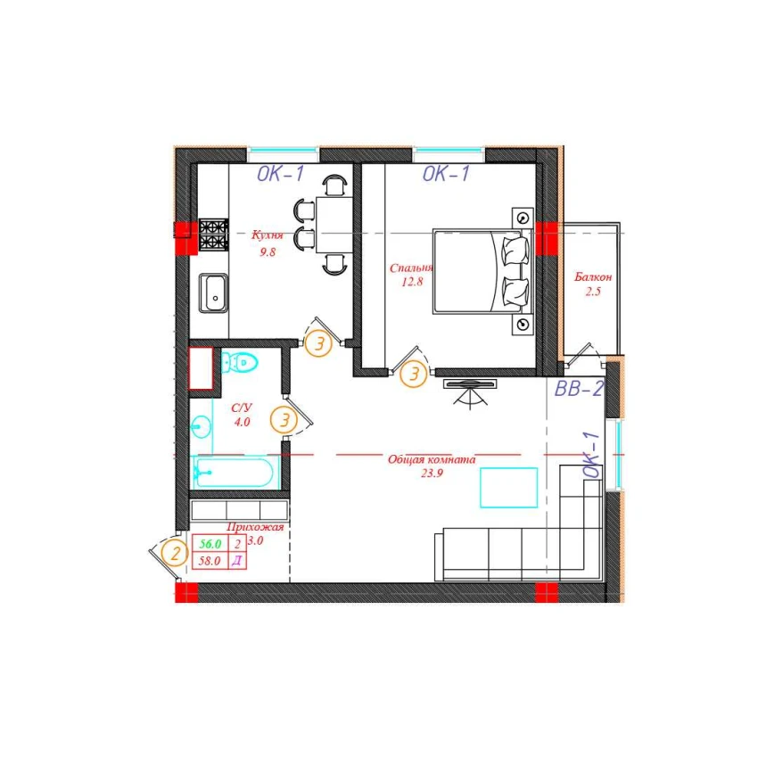 2-xonali xonadon 58 m²  4/12 qavat | CHINARA PARK Turar-joy majmuasi