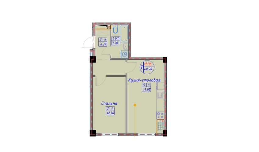 1-xonali xonadon 45.29 m²  1/12 qavat | SPUTNIK AVENUE Turar-joy majmuasi