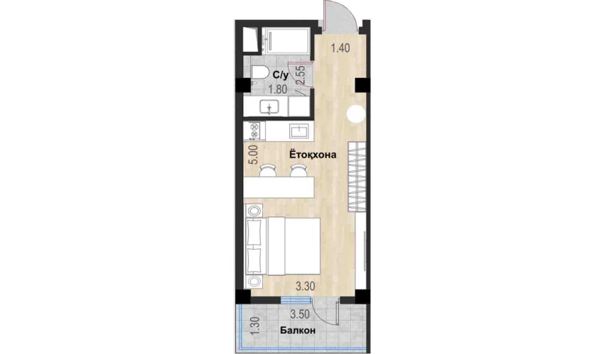 1-xonali xonadon 28.75 m²  4/7 qavat | Bochka Resort Turar-joy majmuasi