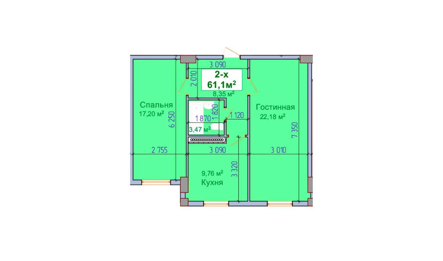 2-комн. квартира 61.1 м²  1/9 этаж | Жилой комплекс SHAYX-UL OLAM