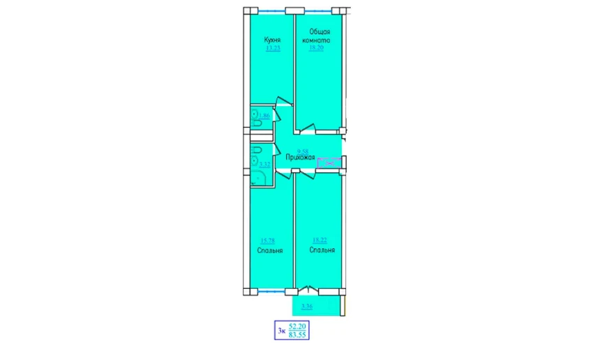 3-xonali xonadon 83.55 m²  6/9 qavat | PROVANS Turar-joy majmuasi