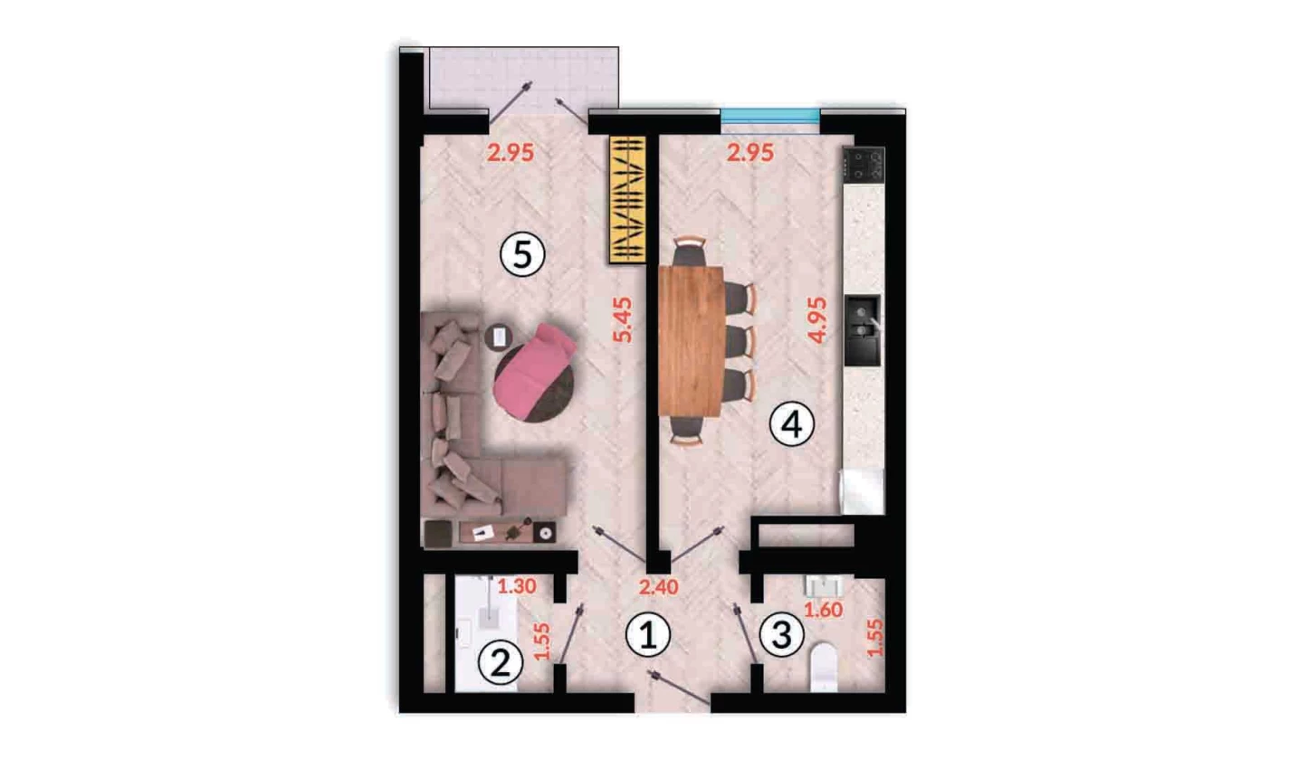 1-xonali xonadon 42.8 m²  4/10 qavat | Ko'kcha-Oqtepa Turar-joy majmuasi