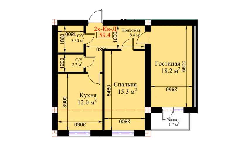 2-xonali xonadon 59.8 m²  4/8 qavat | MUHTASHAM Turar-joy majmuasi