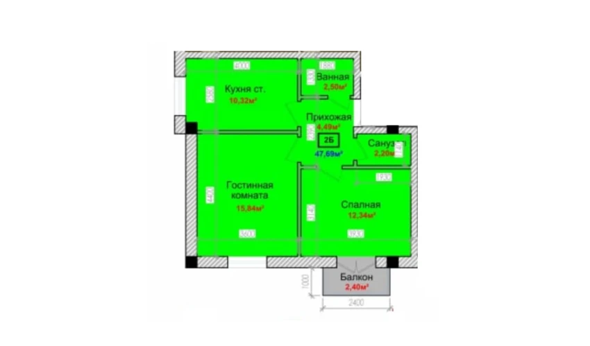 2-комнатная квартира 47.69 м²  5/6 этаж | Жилой комплекс Taqachi