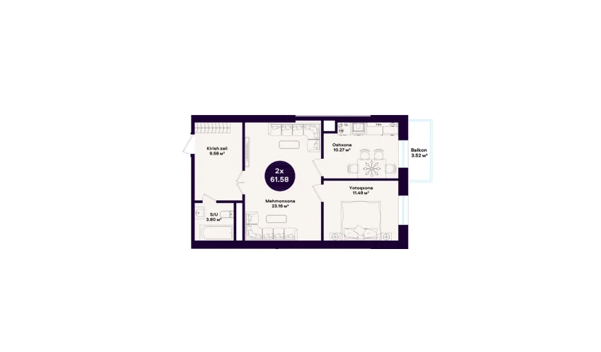 2-xonali xonadon 61.58 m²  8/10 qavat | KAMALAK Turar-joy majmuasi
